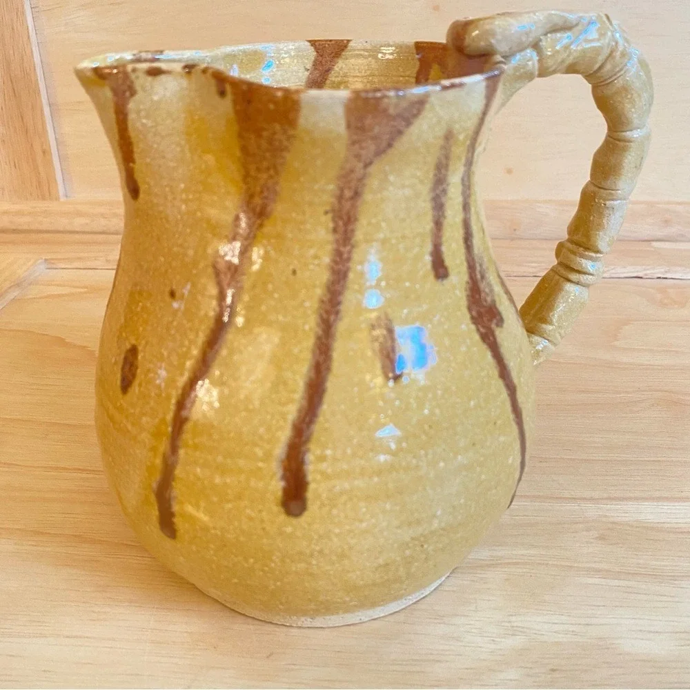 Handmade Studio PLUMPOTTERY G Yellow Brown‎ Glaze Stoneware Pottery Pitcher Jug